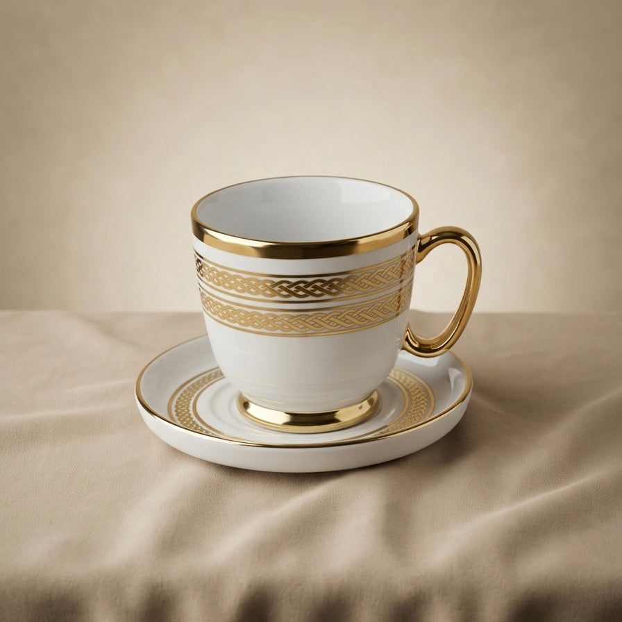 6-Piece Porcelain Coffee Cups with Saucers – Gold Pattern Design Set - Mawaeen