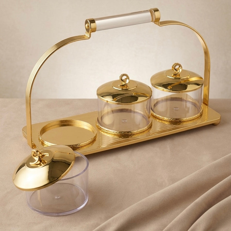 Candy Bowl Set D/3 Gold – Stainless Steel Stand with Glass Bowls - Mawaeen