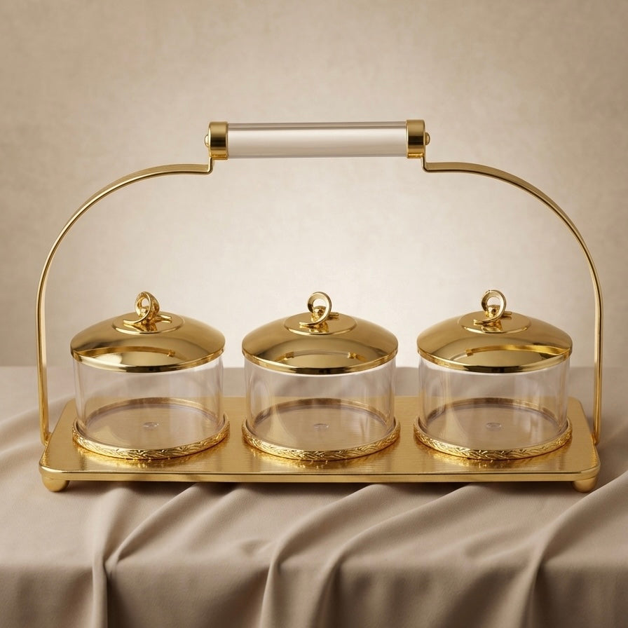 Candy Bowl Set D/3 Gold – Stainless Steel Stand with Glass Bowls - Mawaeen
