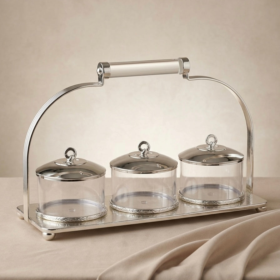 Candy Bowl Set D/3 Silver – Stainless Steel Stand with Glass Bowls - Mawaeen