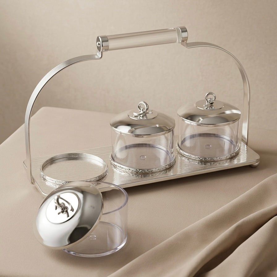 Candy Bowl Set D/3 Silver – Stainless Steel Stand with Glass Bowls - Mawaeen