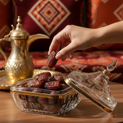 Square Acrylic Date Bowl with Lid G/Line – Modern Diamond-Cut Design (M) - Mawaeen