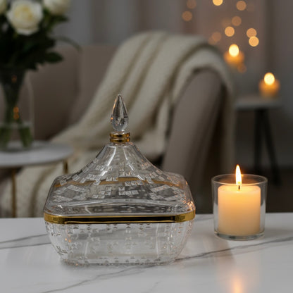Square Acrylic Date Bowl with Lid G/Line – Modern Diamond-Cut Design (M) - Mawaeen
