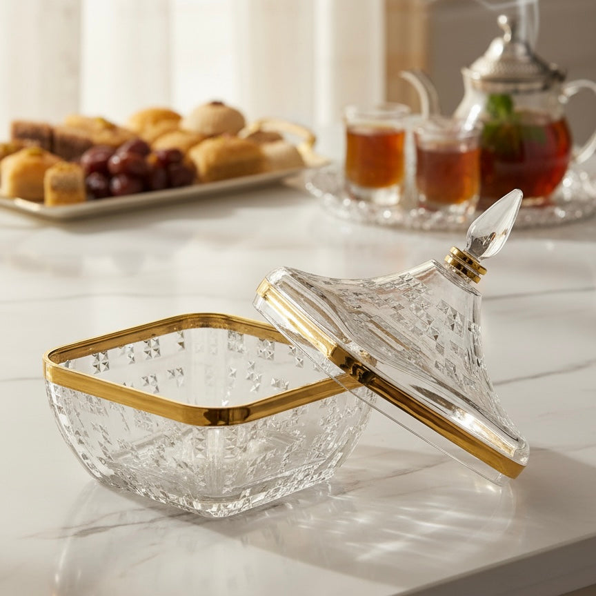Square Acrylic Date Bowl with Lid G/Line – Modern Diamond-Cut Design (M) - Mawaeen
