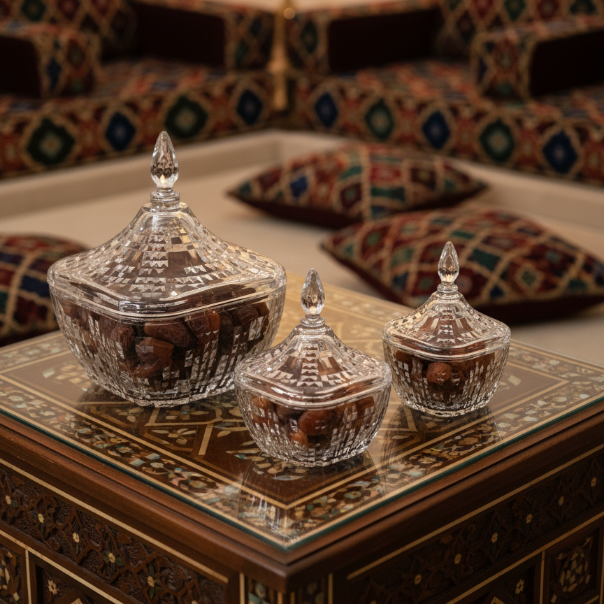 Square Acrylic Date Bowl with Lid – Modern Diamond-Cut Design (L) - Mawaeen