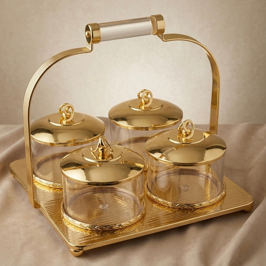 Candy Bowl Set D/4 Gold – Stainless Steel Stand with Glass Bowls - Mawaeen