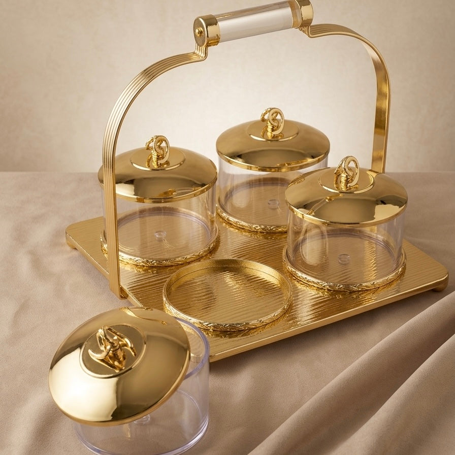 Candy Bowl Set D/4 Gold – Stainless Steel Stand with Glass Bowls - Mawaeen