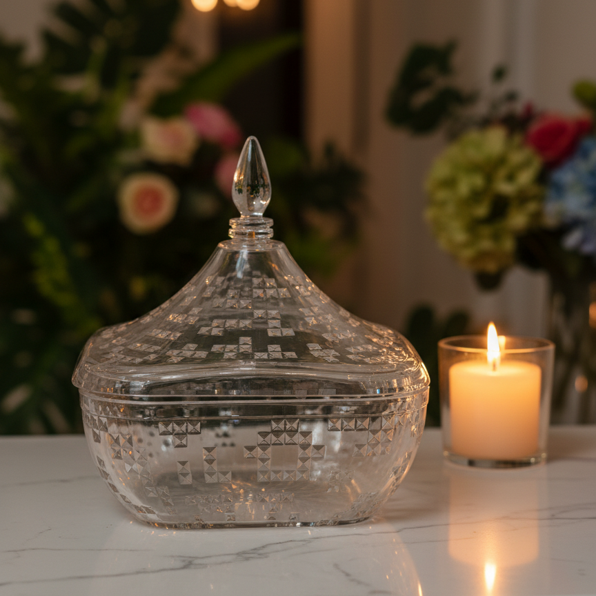 Square Acrylic Date Bowl with Lid – Modern Diamond-Cut Design (L) - Mawaeen