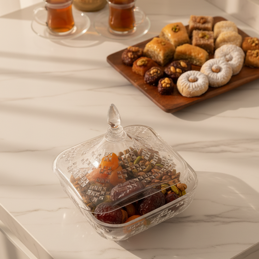 Square Acrylic Date Bowl with Lid – Modern Diamond-Cut Design (L) - Mawaeen