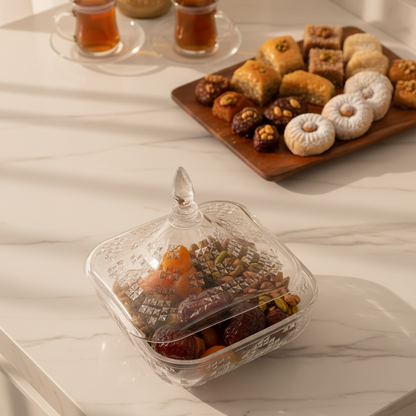 Square Acrylic Date Bowl with Lid – Modern Diamond-Cut Design (L) - Mawaeen