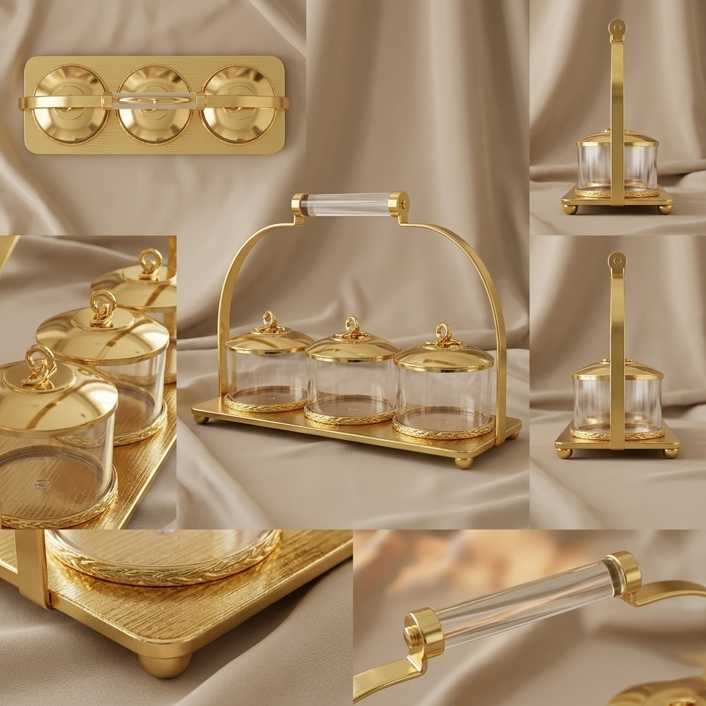 Candy Bowl Set D/3 Gold – Stainless Steel Stand with Glass Bowls - Mawaeen