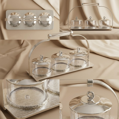 Candy Bowl Set D/3 Silver – Stainless Steel Stand with Glass Bowls - Mawaeen
