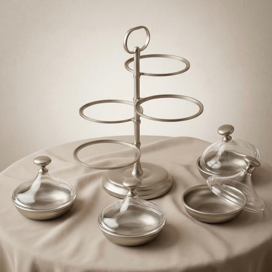 Candy Bowl Stand D/4 Matte Silver – Metal Stand with Acrylic Lids - Mawaeen