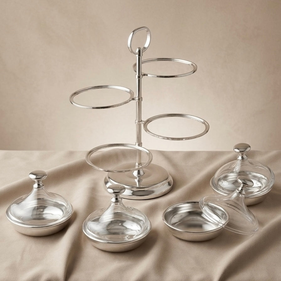 Candy Bowl Stand D/4 Silver – Metal Stand with Acrylic Lids - Mawaeen