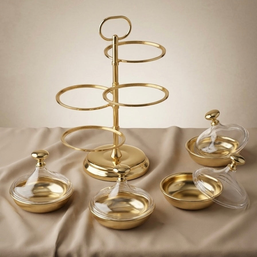 Candy Bowl Stand D/4 Gold – Metal Stand with Acrylic Lids - Mawaeen