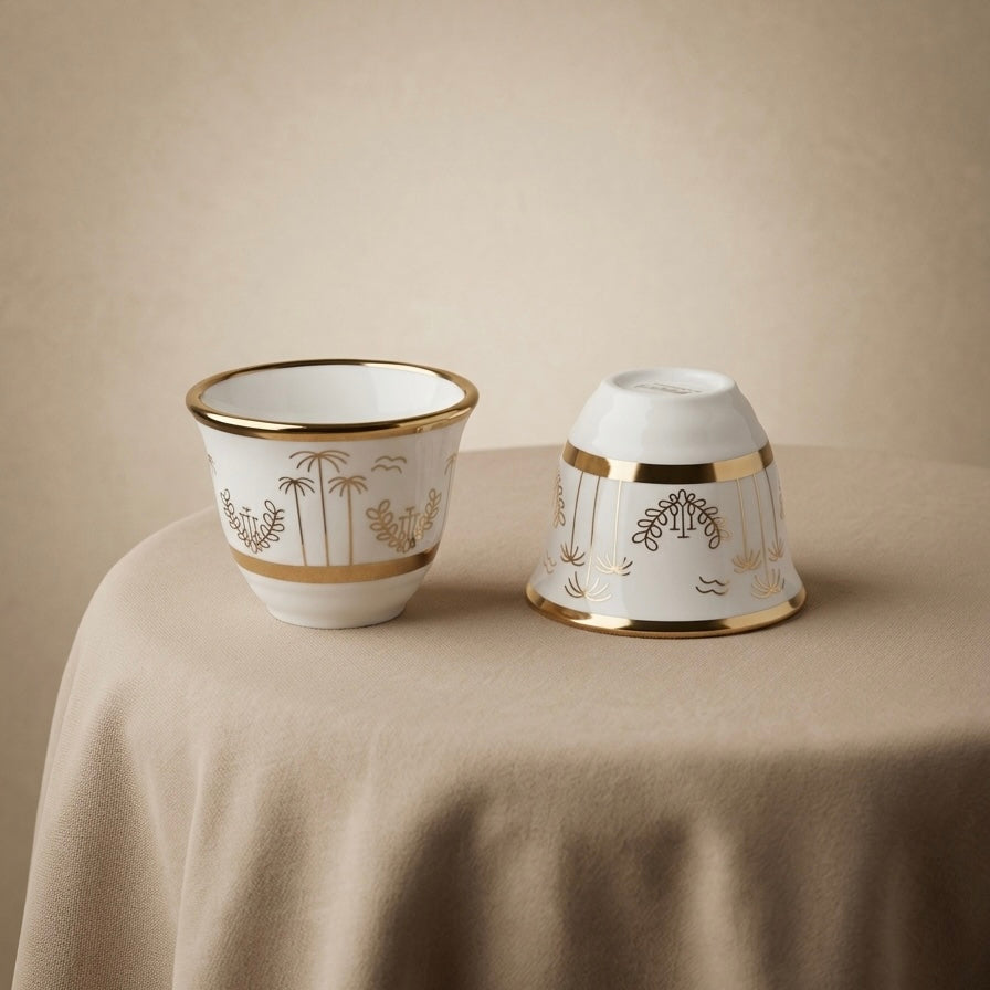 Emirati Heritage Arabic Coffee Cup Set – 12 Porcelain Cups Gold Edition - Mawaeen
