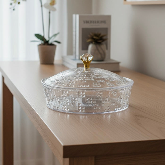 Luxury Round Acrylic Candy Box with Lid – Elegant Crystal Design (L) - Mawaeen