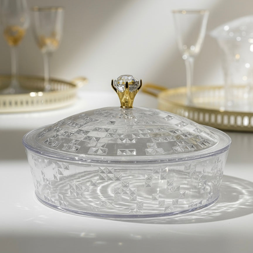 Luxury Round Acrylic Candy Box with Lid – Elegant Crystal Design (L) - Mawaeen