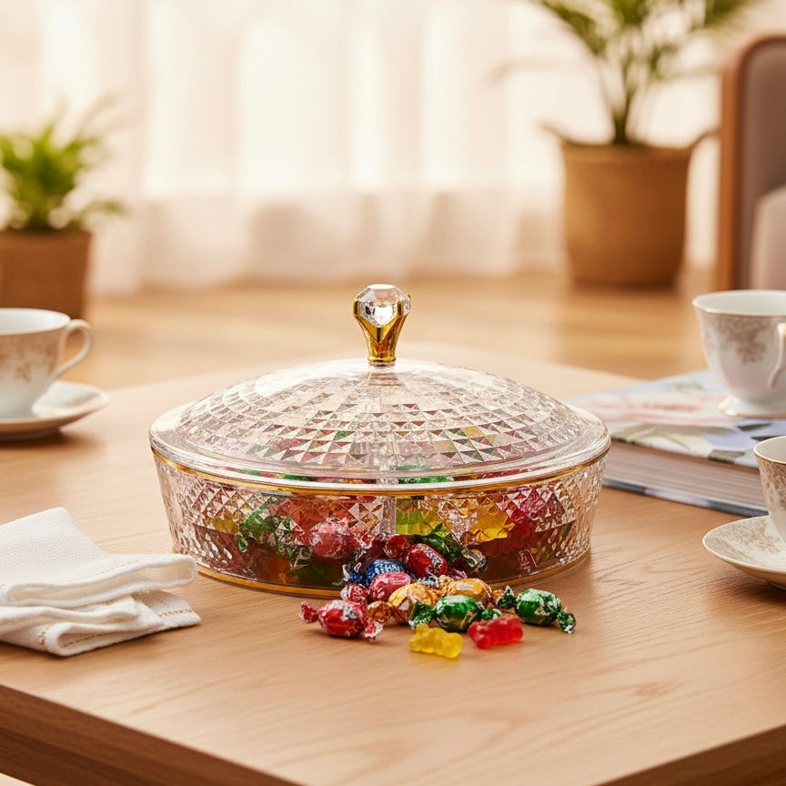 Luxury Round Acrylic Candy Box D/4 with Lid – Elegant Crystal Design G/Line (L) - Mawaeen