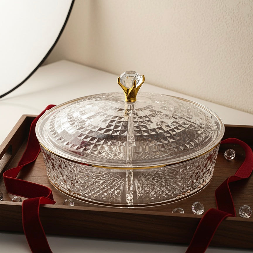 Luxury Round Acrylic Candy Box D/4 with Lid – Elegant Crystal Design G/Line (L) - Mawaeen