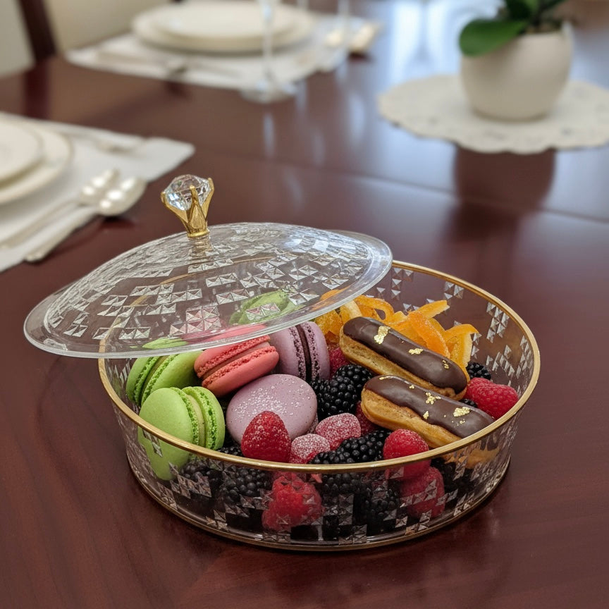 Luxury Round Acrylic Candy Box with Lid – Elegant Crystal Design G/Line (L) - Mawaeen