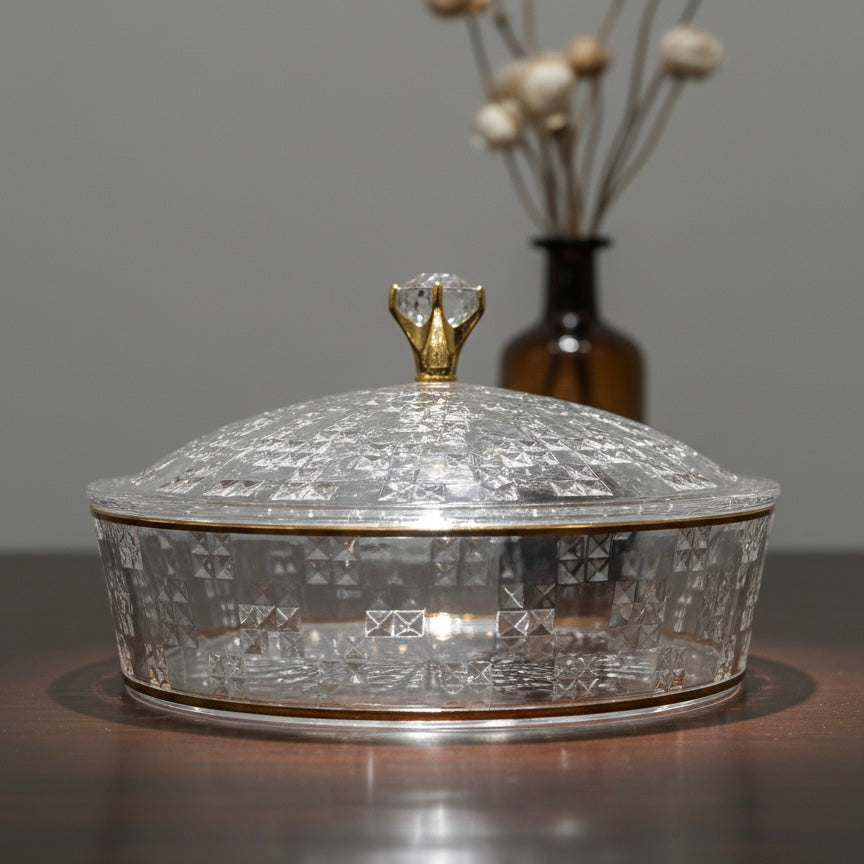 Luxury Round Acrylic Candy Box with Lid – Elegant Crystal Design G/Line (L) - Mawaeen