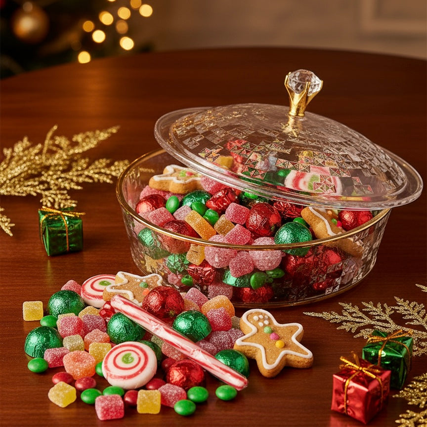 Luxury Round Acrylic Candy Box with Lid – Elegant Crystal Design G/Line (L) - Mawaeen