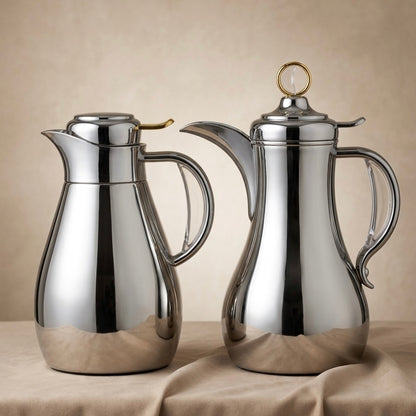 Modern Arabic Dallah Vacuum Flask Set (1.0L + 1.0L) – Nickel & Gold - Mawaeen