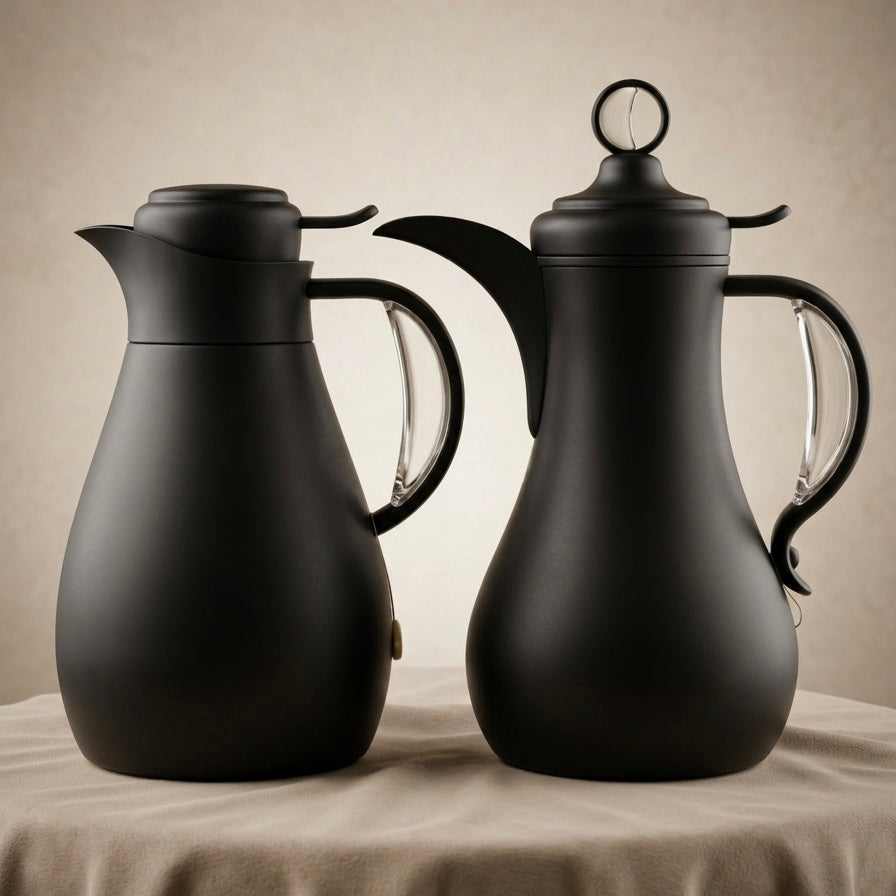 Modern Arabic Dallah Vacuum Flask Set – Black | 1.0L + 1.0L - Mawaeen
