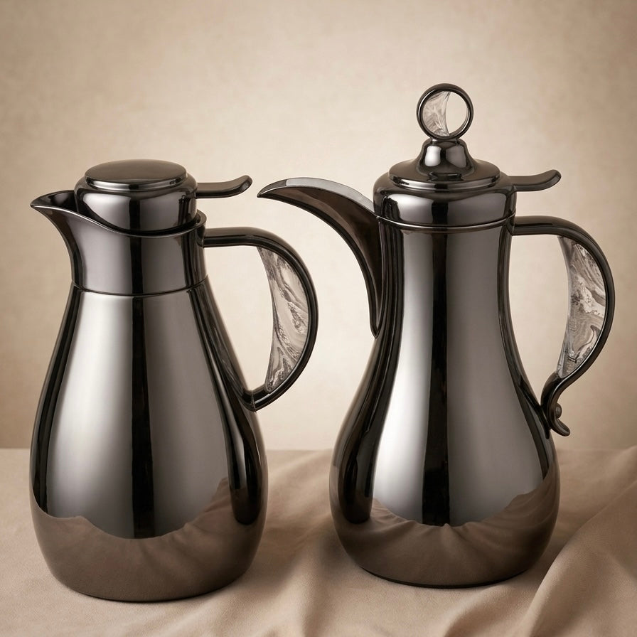 Modern Arabic Dallah Vacuum Flask Set – Chrome &Marble Accents | 1.0L + 1.0L - Mawaeen