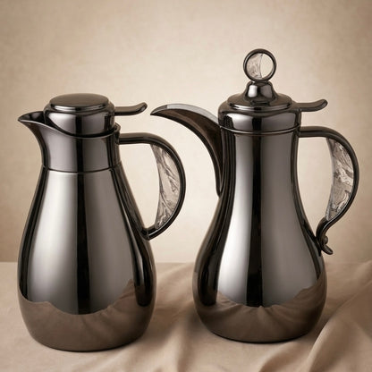 Modern Arabic Dallah Vacuum Flask Set – Chrome &Marble Accents | 1.0L + 1.0L - Mawaeen
