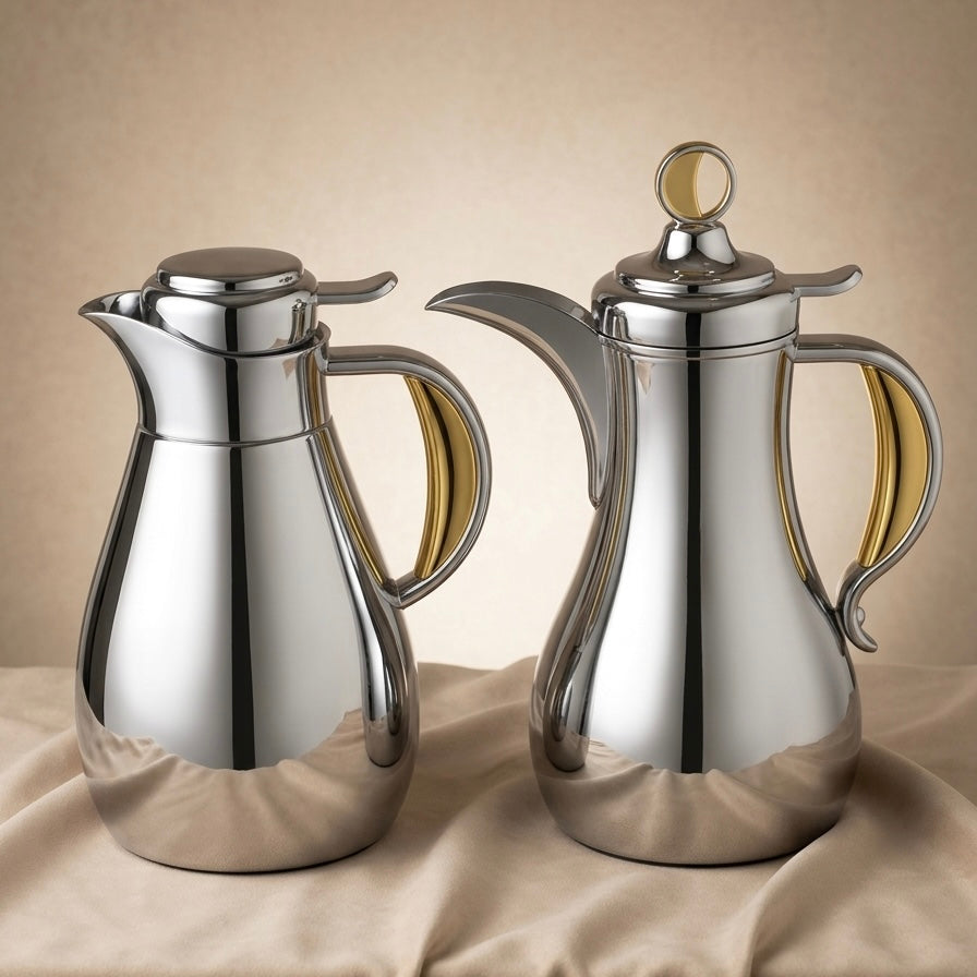 Modern Arabic Dallah Vacuum Flask Set (1.0L + 1.0L) – Silver & Gold - Mawaeen