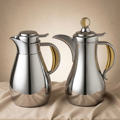 Modern Arabic Dallah Vacuum Flask Set (1.0L + 1.0L) – Silver & Gold - Mawaeen