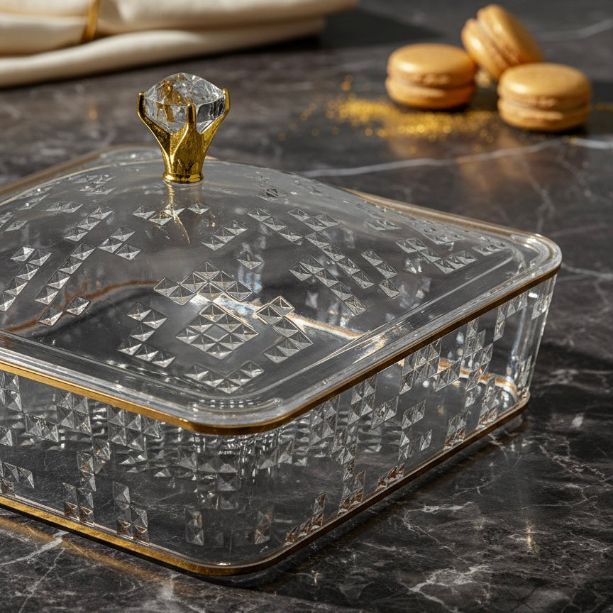 Elegant Acrylic Candy Box with Lid – Square Design G/Line (S) - Mawaeen