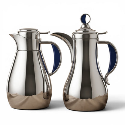 Modern Arabic Dallah Vacuum Flask Set – Silver & Blue | 1.0L + 1.0L - Mawaeen