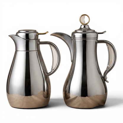 Modern Arabic Dallah Vacuum Flask Set (1.0L + 1.0L) – Nickel & Gold - Mawaeen