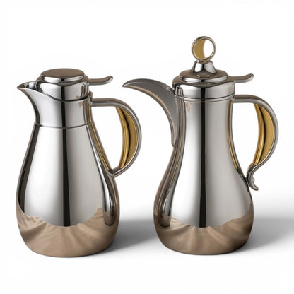 Modern Arabic Dallah Vacuum Flask Set (1.0L + 1.0L) – Silver & Gold - Mawaeen