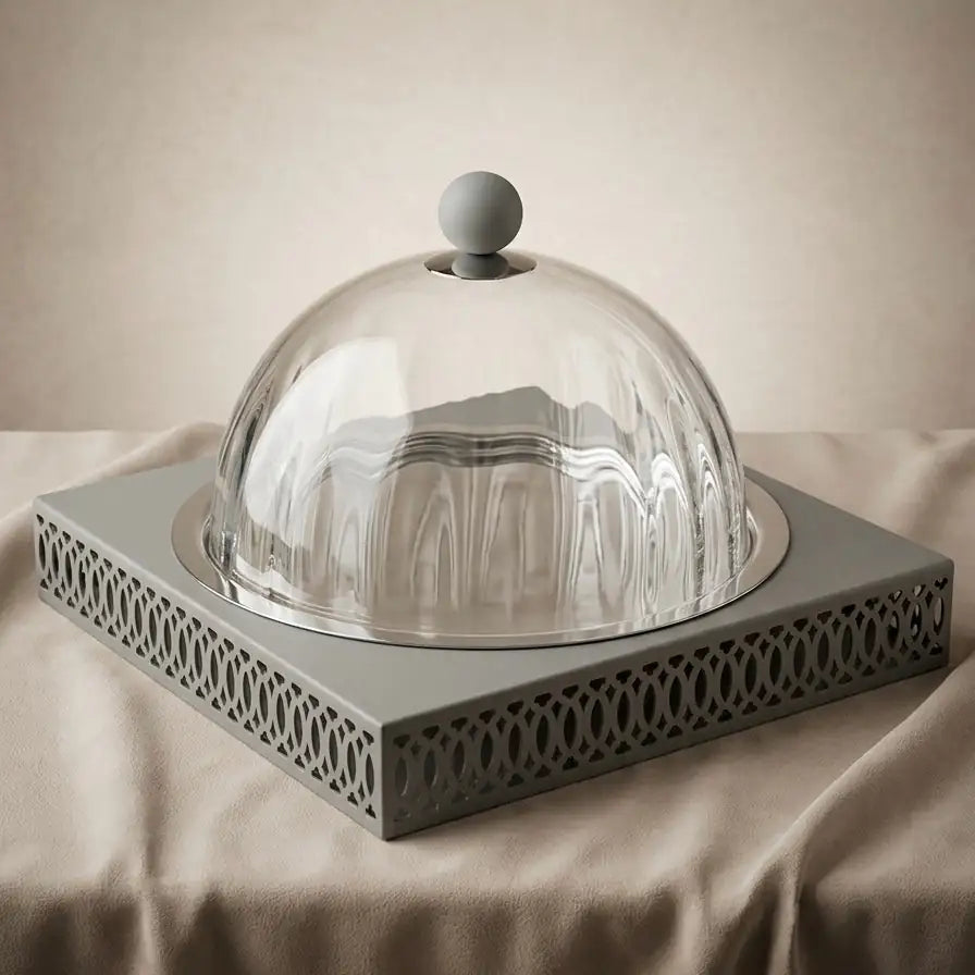 Modern Cake Plate with Glass Dome (L) - Gray - Mawaeen