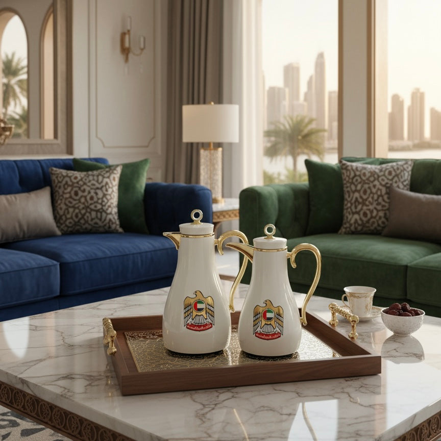 UAE Logo Double Set – Coffee & Tea Thermal Flask (White & Gold, 1L + 0.7L) - Mawaeen