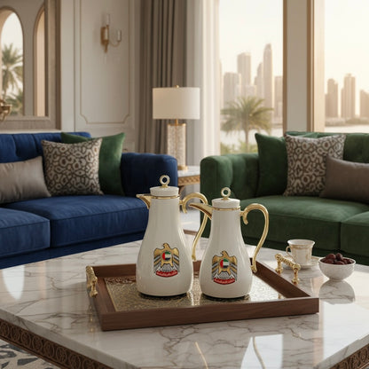 UAE Logo Double Set – Coffee & Tea Thermal Flask (White & Gold, 1L + 0.7L) - Mawaeen