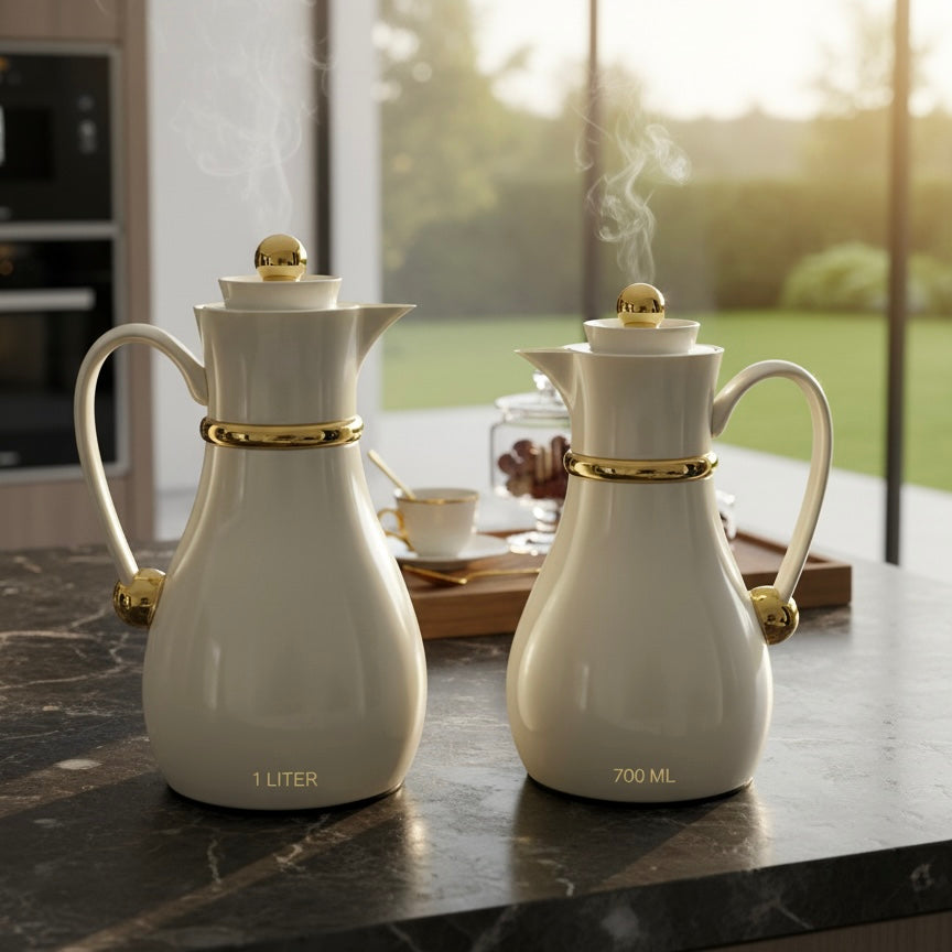 Najib Double Set – Coffee & Tea Thermal Flask (Beige & Gold, 1L + 0.7L) - Mawaeen
