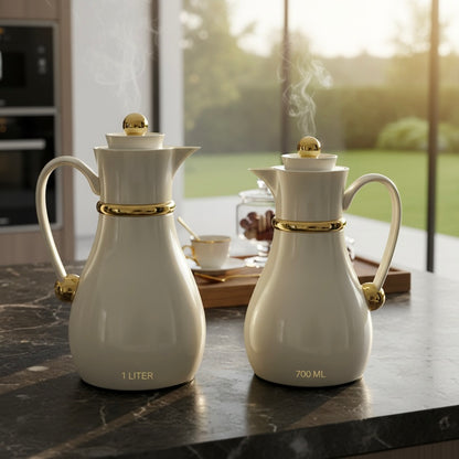 Najib Double Set – Coffee & Tea Thermal Flask (Beige & Gold, 1L + 0.7L) - Mawaeen