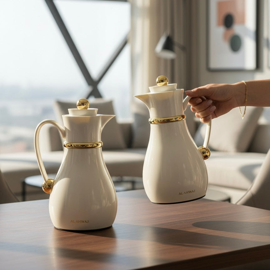 Najib Double Set – Coffee & Tea Thermal Flask (Beige & Gold, 1L + 0.7L) - Mawaeen