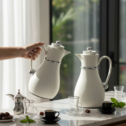 Najib Double Set – Coffee & Tea Thermal Flask (White & Silver, 1L + 0.7L) - Mawaeen