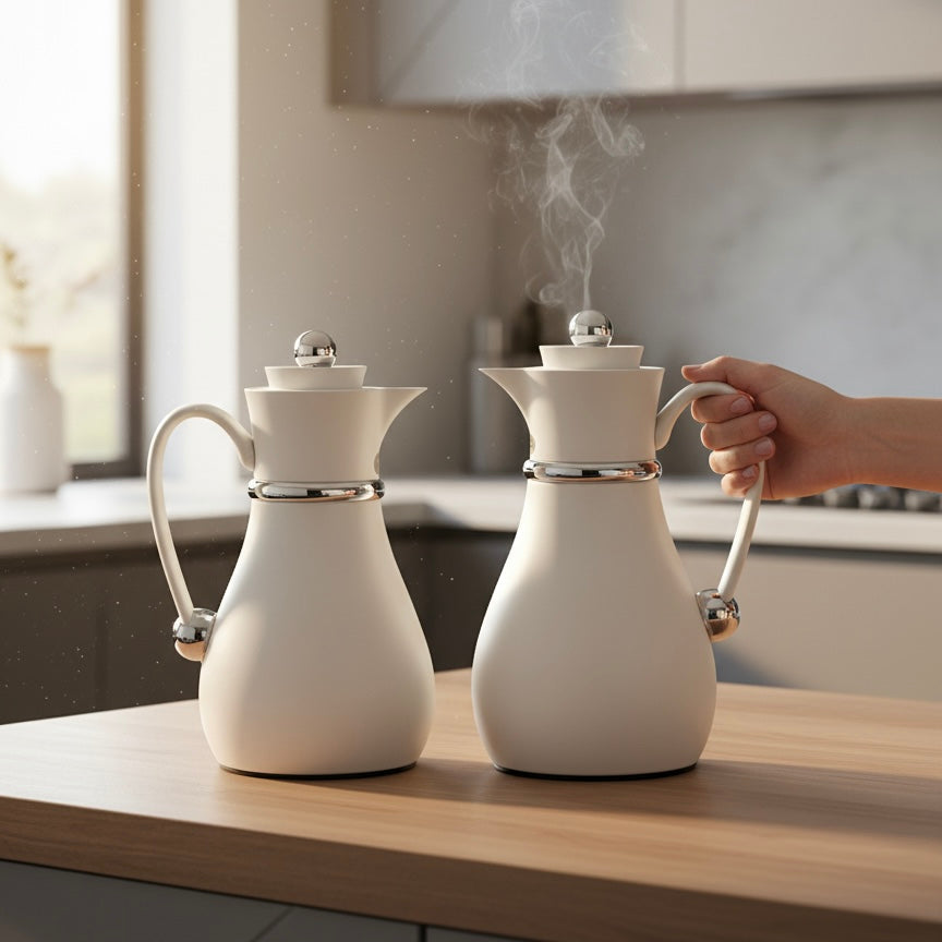 Najib Double Set – Coffee & Tea Thermal Flask (White & Silver, 1L + 0.7L) - Mawaeen