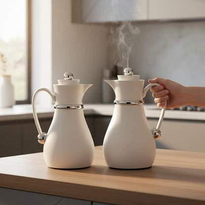 Najib Double Set – Coffee & Tea Thermal Flask (White & Silver, 1L + 0.7L) - Mawaeen