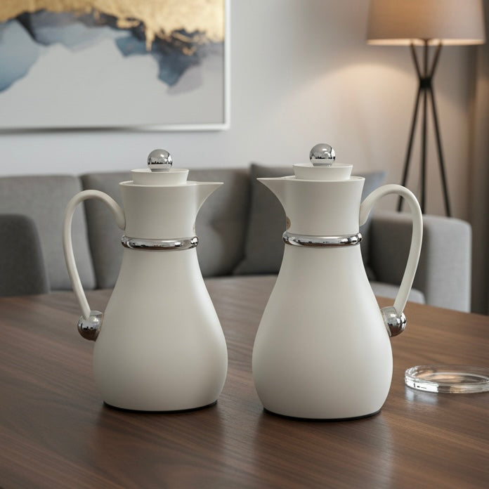Najib Double Set – Coffee & Tea Thermal Flask (White & Silver, 1L + 0.7L) - Mawaeen