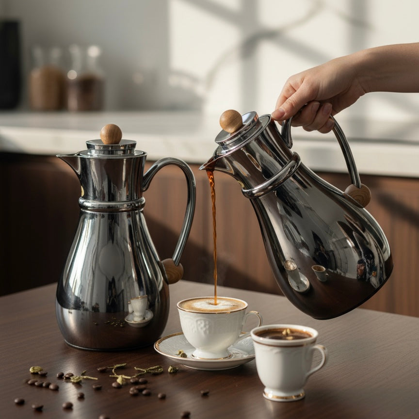 Najib Double Set – Coffee & Tea Thermal Flask (Shiny Black & Wood, 1L + 0.7L) - Mawaeen