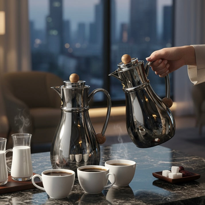Najib Double Set – Coffee & Tea Thermal Flask (Shiny Black & Wood, 1L + 0.7L) - Mawaeen