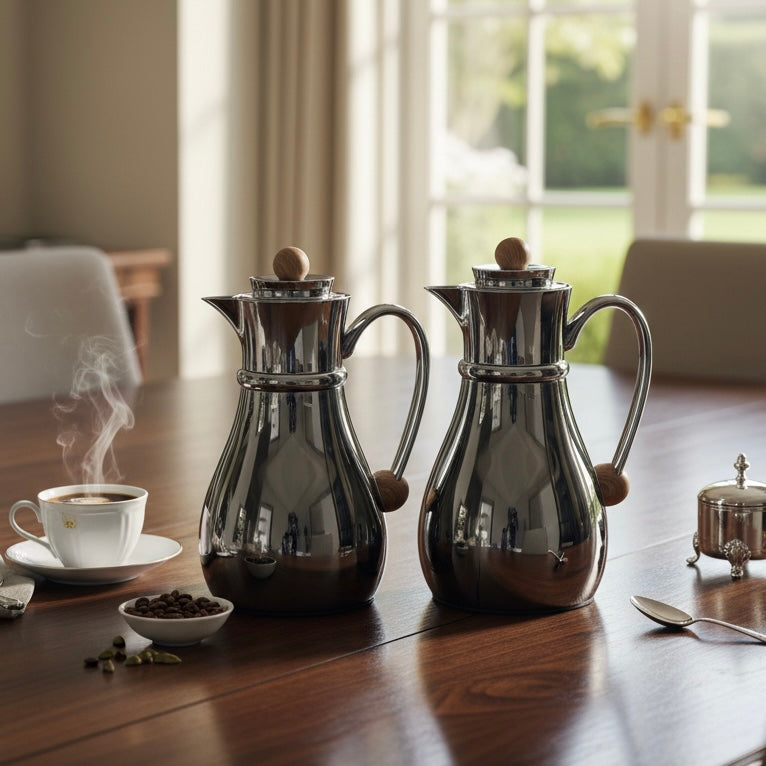 Najib Double Set – Coffee & Tea Thermal Flask (Shiny Black & Wood, 1L + 0.7L) - Mawaeen